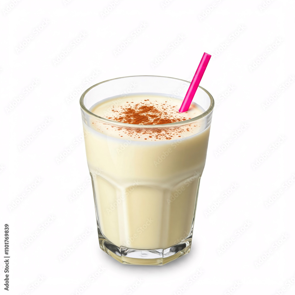 A creamy eggnog drink with a cinnamon rim and a striped straw A creamy eggnog drink with a cinnamon rim and a striped straw