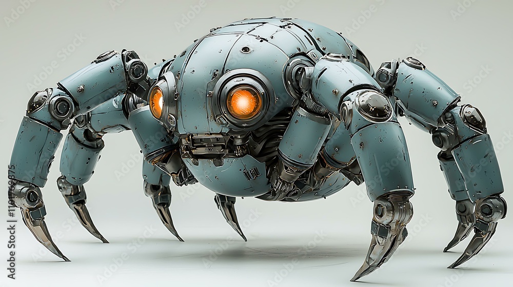 Spider-inspired robot resin figure, eight mechanical legs, sharp edges, and metallic gray finish Spider-inspired robot resin figure, eight mechanical legs, sharp edges, and metallic gray finish