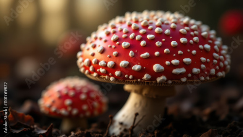 Close-up of red and white muscimol mushroom with multiple smaller ones growing nearby on a leafy surface.