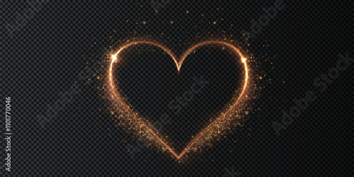 Heart gold with flashes isolated on transparent background. Light heart for holiday cards, banners, invitations. Heart-shaped gold wire glow. PNG image	