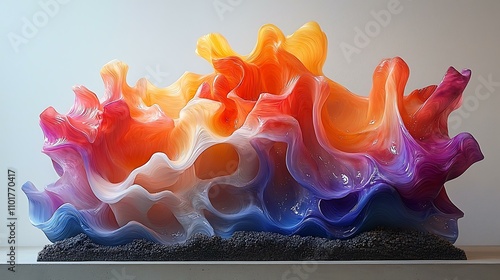 A resin artist creating an abstract wall sculpture, bold colors and dynamic flowing shapes