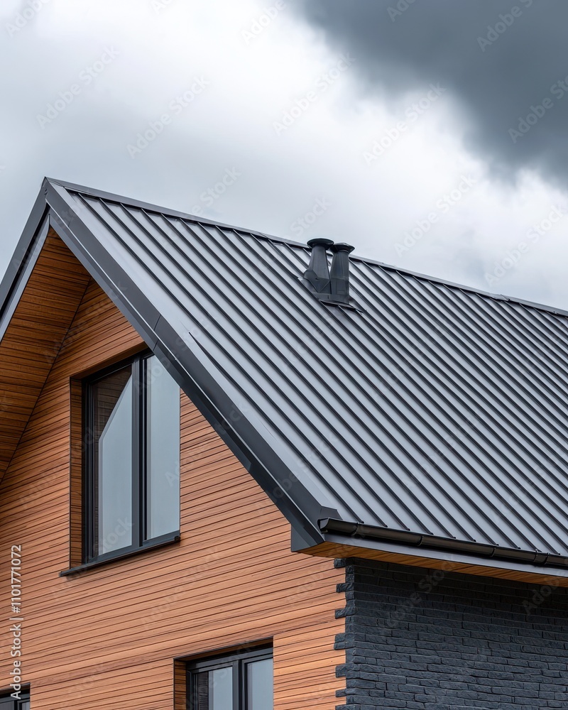 Fototapeta premium A modern house with a sleek metal roof and a mix of wooden and stone exterior, under a dramatic sky.