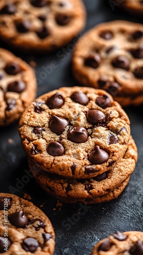 Delicious chocolate chip cookies stacked on a dark surface.