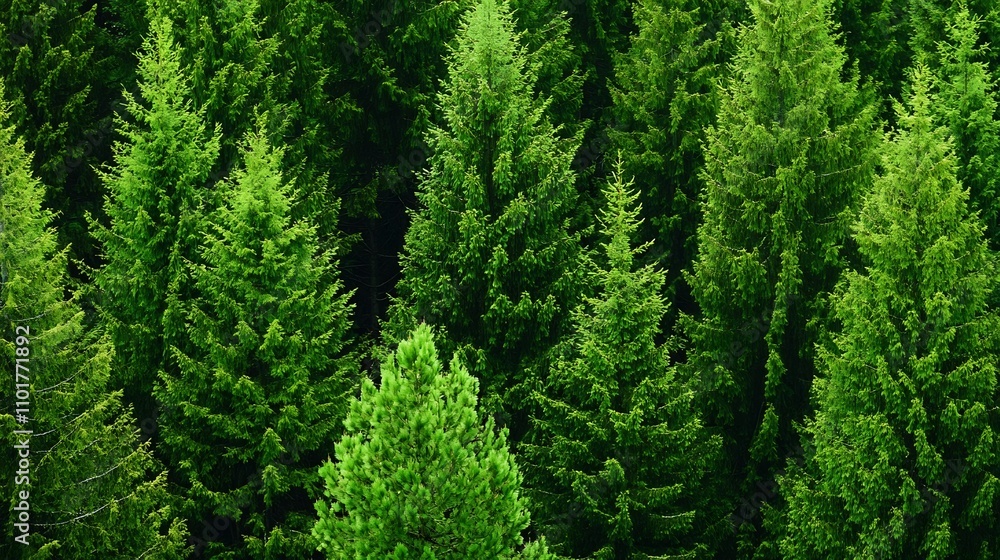 Fototapeta premium Lush Evergreen Forest with Towering Coniferous Trees in a Serene Woodland Landscape