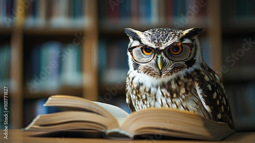 Wallpaper Mural Wise Owl Reading A Book In A Library Torontodigital.ca