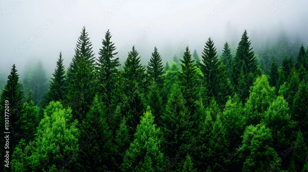Towering Evergreen Forest Shrouded in Misty Atmosphere Towering Evergreen Forest Shrouded in Misty Atmosphere