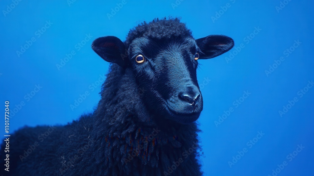 Black Sheep Portrait Dark Wool, Blue Background, Farm Animal Black Sheep Portrait Dark Wool, Blue Background, Farm Animal