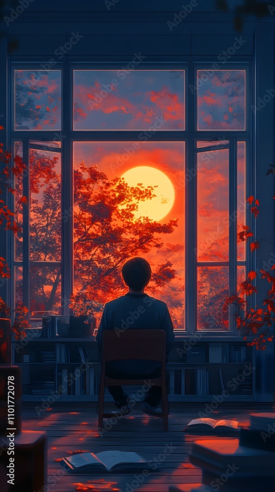 A contemplative young man gazes at a vibrant sunset from a cozy room. A contemplative young man gazes at a vibrant sunset from a cozy room.