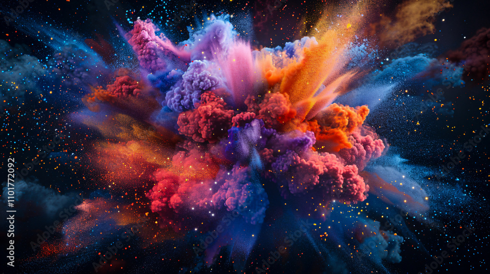 Abstract design featuring square-shaped clouds with colorful particles exploding. Abstract design featuring square-shaped clouds with colorful particles exploding.