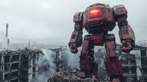 Gigantic mecha resin figure, standing atop a destroyed building, military-grade paint job, and glowing red visor