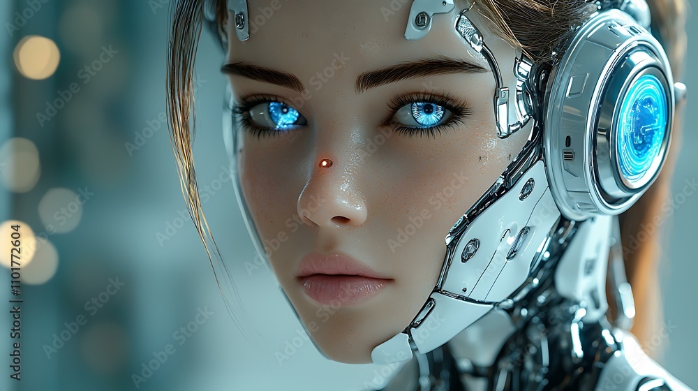 Humanoid robot resin figure, sleek white and chrome design, glowing blue energy core, futuristic cityscape background Humanoid robot resin figure, sleek white and chrome design, glowing blue energy core, futuristic cityscape background