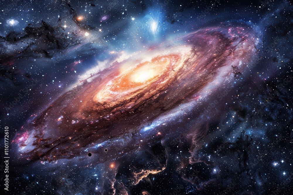 Glowing spiral galaxy with bright center and dark dust lanes in deep space. Glowing spiral galaxy with bright center and dark dust lanes in deep space.