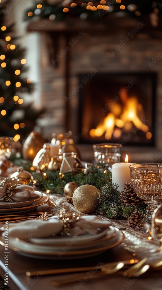 Christmas dinner table setting by fireplace with golden cutlery Christmas dinner table setting by fireplace with golden cutlery