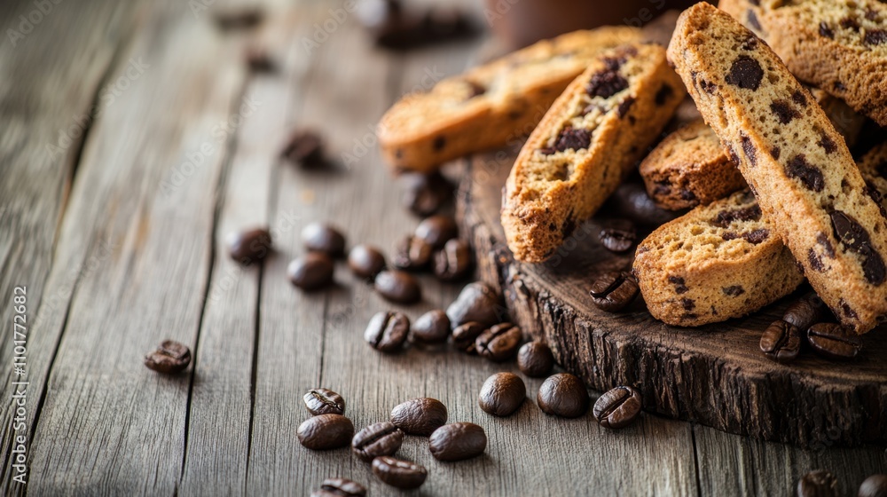 Fototapeta premium Italian biscotti and coffee beans on a rustic wooden surface.