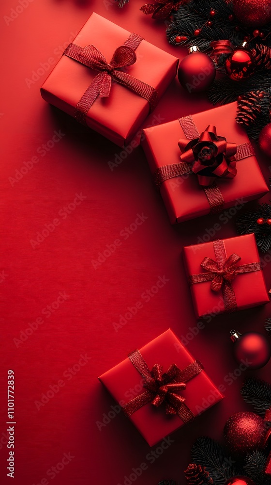 Festively wrapped red gifts adorned with bows on a vibrant red background. Festively wrapped red gifts adorned with bows on a vibrant red background.