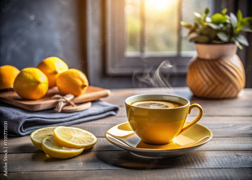 Soft Selective Focus Morning Tea with Lemon in Yellow Cup on a Gray Table, Creating a Relaxing Weekend Atmosphere for a Detox Breakfast Without Internet Distractions Soft Selective Focus Morning Tea with Lemon in Yellow Cup on a Gray Table, Creating a Relaxing Weekend Atmosphere for a Detox Breakfast Without Internet Distractions