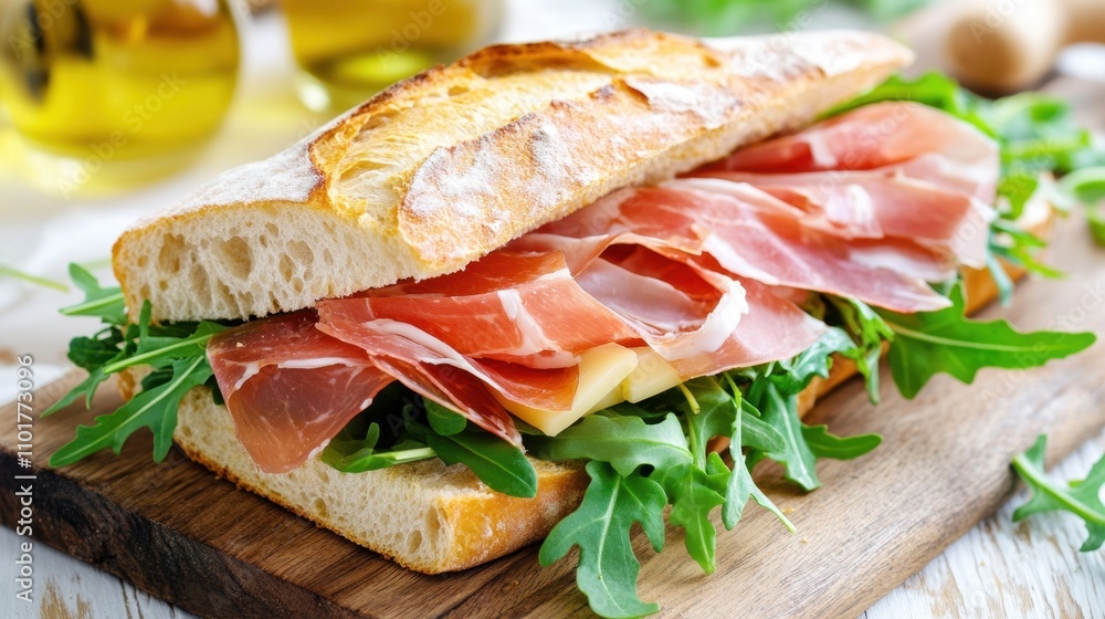Italian ciabatta sandwich filled with prosciutto, cheese, and arugula. Italian ciabatta sandwich filled with prosciutto, cheese, and arugula.