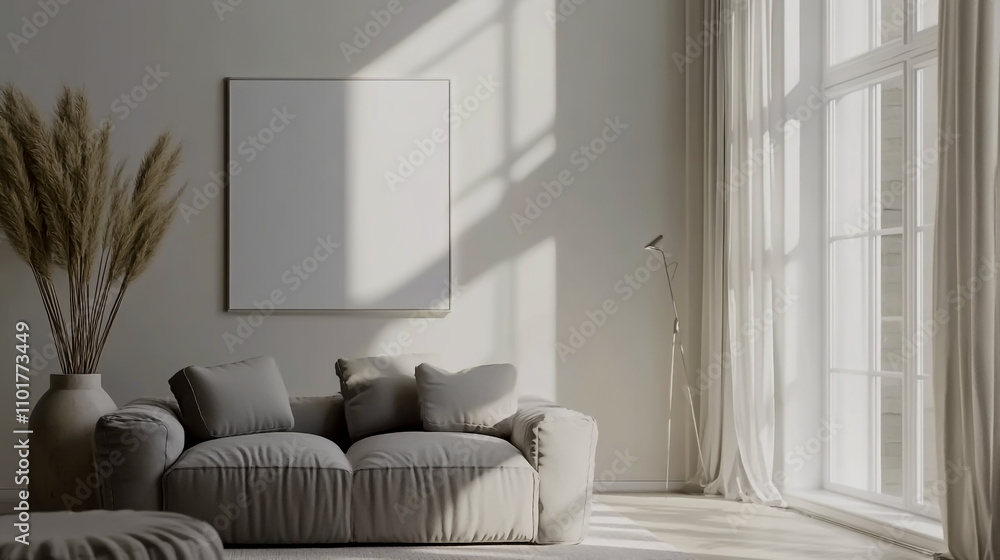 Fototapeta premium Photo of a modern living room interior with a blank poster mockup on the wall, a gray sofa, and a black floor lamp near a window with curtains