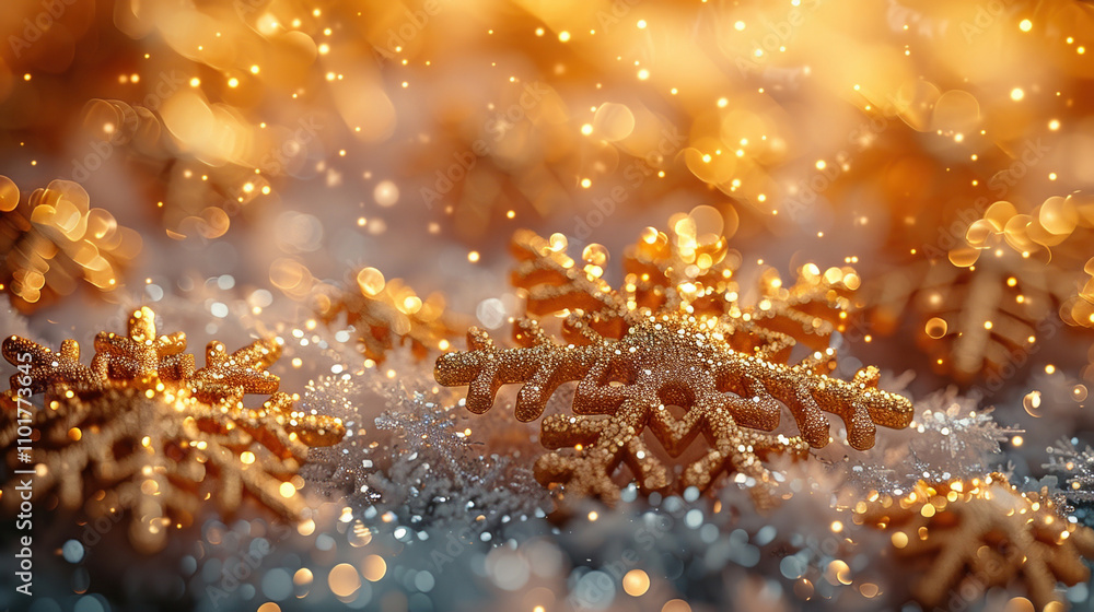 Merry Christmas, Happy New Year. Glitter yellow background golden Christmas snowflakes close up Merry Christmas, Happy New Year. Glitter yellow background golden Christmas snowflakes close up