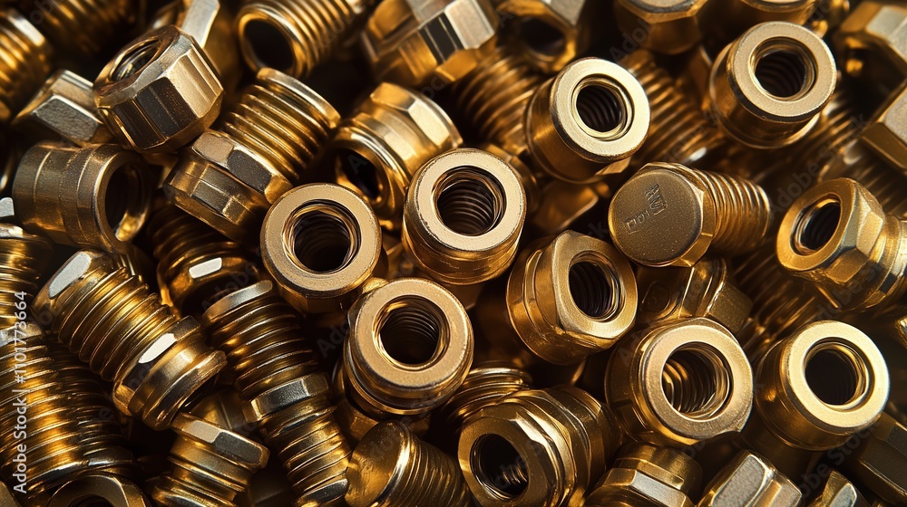Close-Up View of Gold-Colored Metal Fasteners and Nuts Piled Together with Various Shapes and Sizes for Industrial and Commercial Use Close-Up View of Gold-Colored Metal Fasteners and Nuts Piled Together with Various Shapes and Sizes for Industrial and Commercial Use