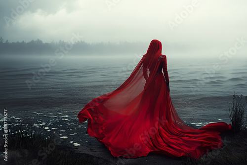 Female figure in red cloak stands by misty lake