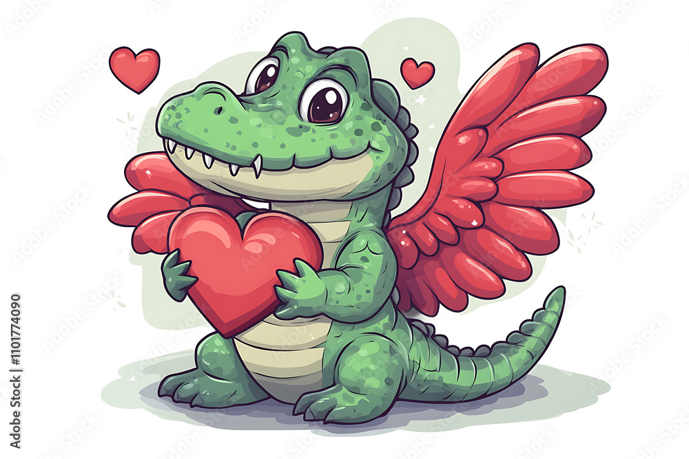 Fototapeta premium A cute dragon with wings holding a heart, symbolizing love and affection.