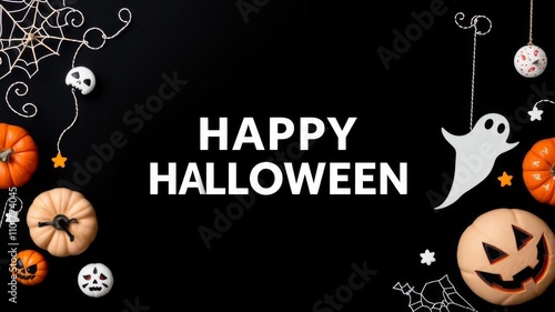 Happy Halloween text in white against a black background with a spooky pumpkin and ghost in the center, perfect for Halloween themed designs and decorations, white, text, themed