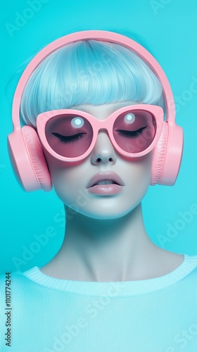 Close-up portrait of a gorgeous woman with a white and blue bob hairstyle, wearing black sunglasses and pink headphones on her head. She is dressed in an oversized plush outfit