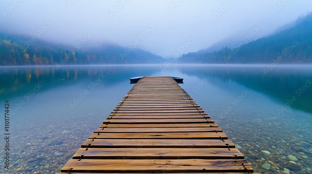 Fototapeta premium Misty Lakeside Tranquility - Serene Mountain Landscape Surrounded by Ethereal Mist