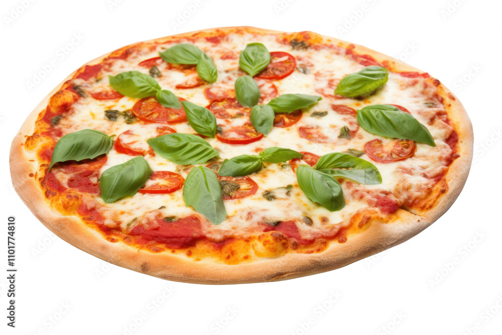 A gourmet pizza garnished with whole basil leaves, highlighting the contrast between the green basil isolated on white background A gourmet pizza garnished with whole basil leaves, highlighting the contrast between the green basil isolated on white background