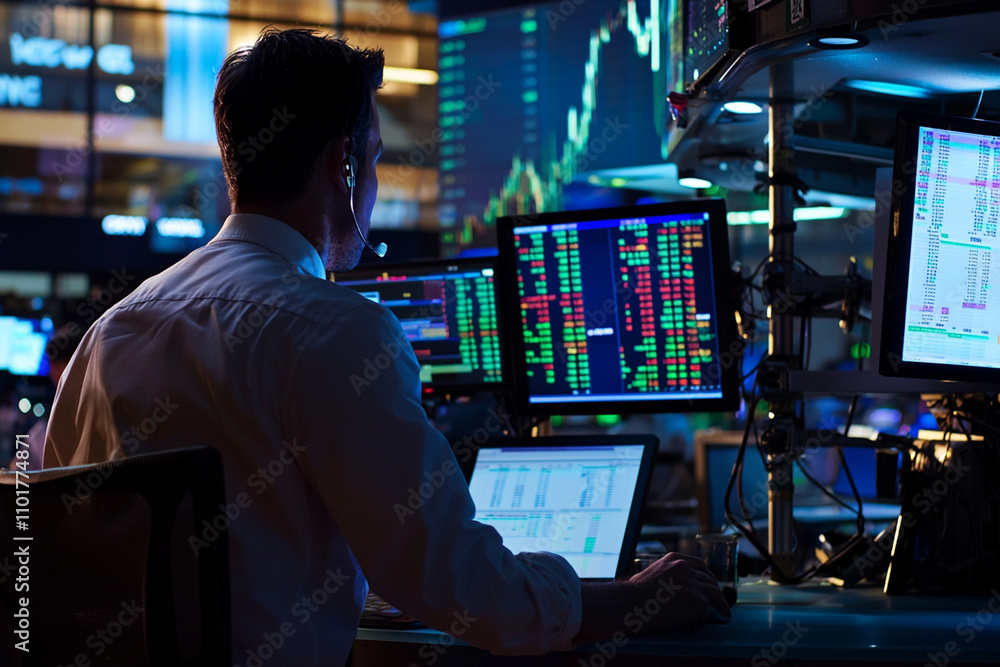 Traders monitoring stock market data in a financial office Traders monitoring stock market data in a financial office