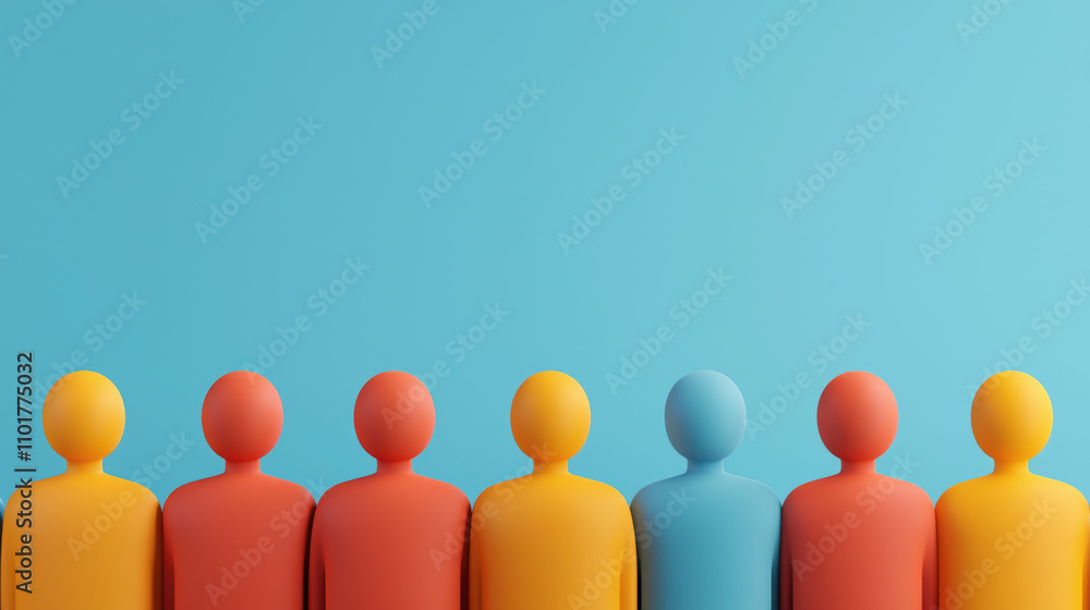 A colorful representation of diverse figures lined up against a bright blue background, symbolizing unity and individuality. A colorful representation of diverse figures lined up against a bright blue background, symbolizing unity and individuality.