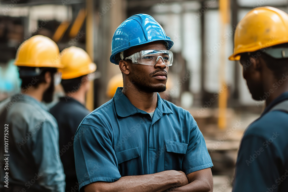 African male workers in safety gear on industrial site African male workers in safety gear on industrial site