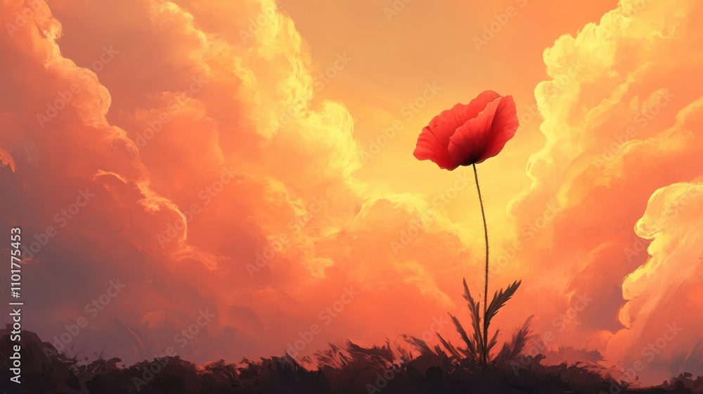 Obraz premium Lone red poppy standing tall against a fiery sunset sky, symbolizing beauty and resilience.