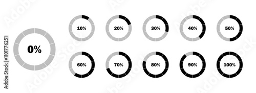 Set of circle percentage diagrams from 0 to 100 for infographics 0%, 10%, 20%,30%,40%,50%,.60%,70%,80%, 90% and 100% vector illustration on white background. Process bar. Downloading process.