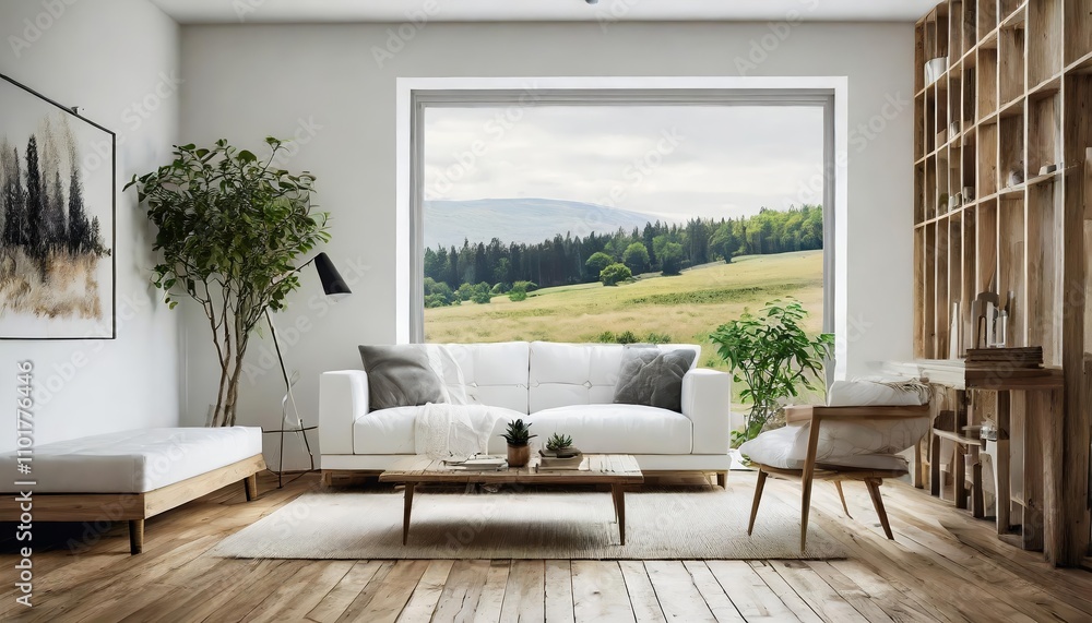 White minimalist living room interior featuring a cozy sofa on wooden flooring, subtle decor adorning a spacious large wall, and a serene ambiance ideal for modern and stylish home design. White minimalist living room interior featuring a cozy sofa on wooden flooring, subtle decor adorning a spacious large wall, and a serene ambiance ideal for modern and stylish home design.