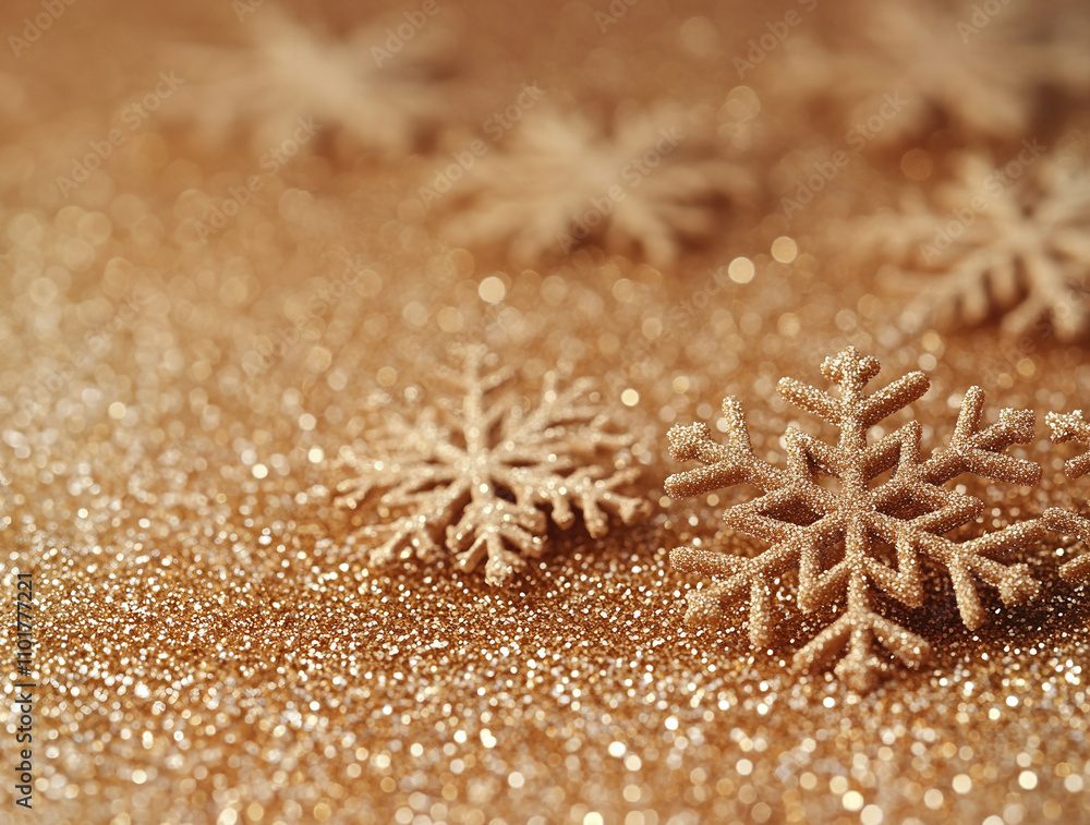Holiday Merry Christmas, Happy New Year. yellow background golden Christmas snowflakes close up Holiday Merry Christmas, Happy New Year. yellow background golden Christmas snowflakes close up