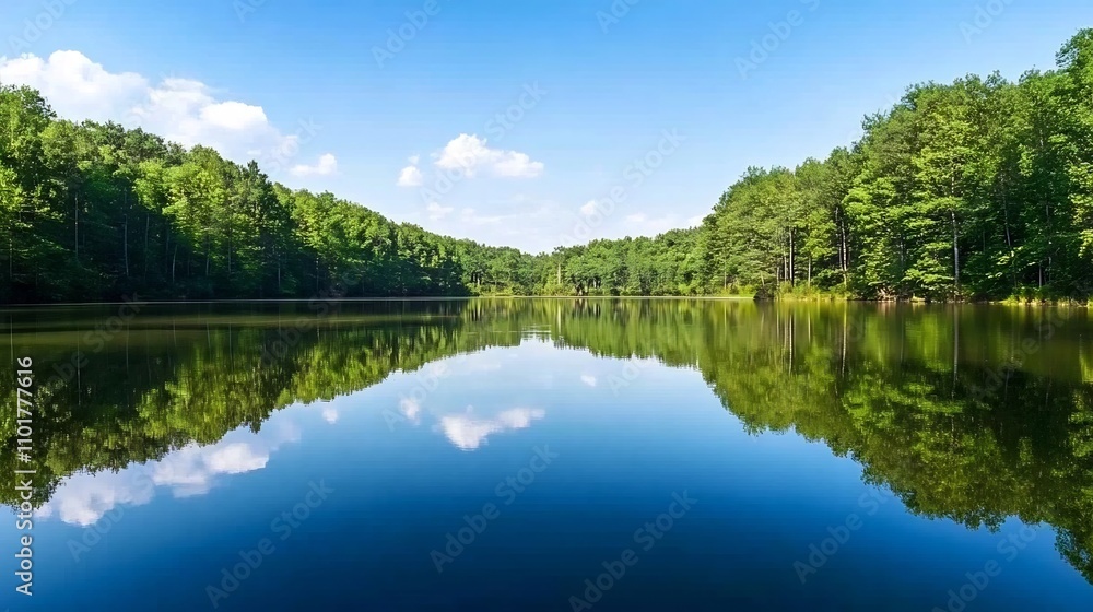 Serene Mirrored Reflections Across a Tranquil Forest Lake Serene Mirrored Reflections Across a Tranquil Forest Lake
