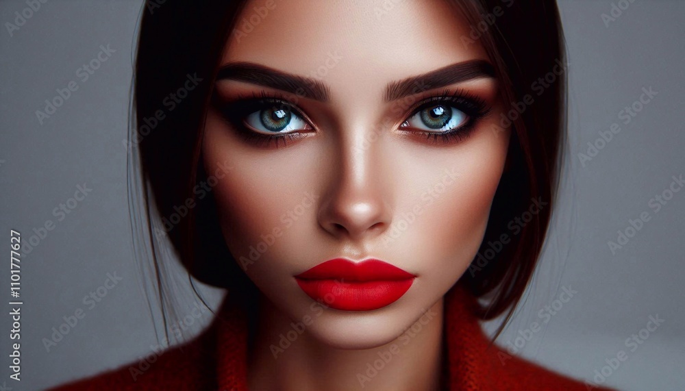 Portrait of a woman with expressive eyes close-up, straight angle, with bright red lipstick on her lips Portrait of a woman with expressive eyes close-up, straight angle, with bright red lipstick on her lips