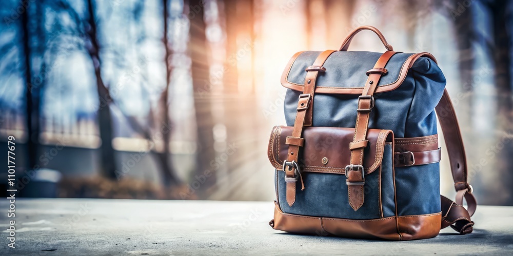 Stylish Handmade Backpack Accessories for Travelers on a Hipster Background in White and Blue with Brown Details, Ideal for Long Exposure Photography Stylish Handmade Backpack Accessories for Travelers on a Hipster Background in White and Blue with Brown Details, Ideal for Long Exposure Photography