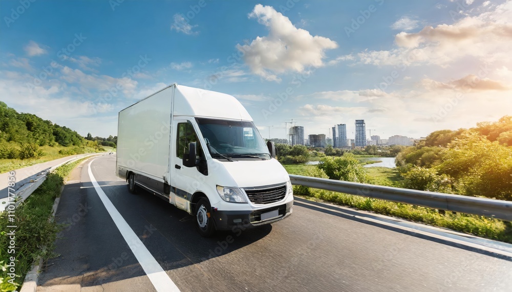 White modern delivery van swiftly moving on a busy motorway road toward a bustling cityscape, symbolizing efficient small shipment cargo and courier services in urban transportation White modern delivery van swiftly moving on a busy motorway road toward a bustling cityscape, symbolizing efficient small shipment cargo and courier services in urban transportation