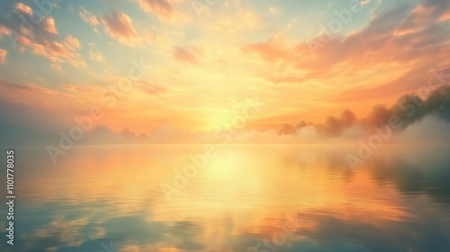 Panoramic view of a serene lake at sunrise, with golden light reflecting off the calm water and soft mist in the distance.