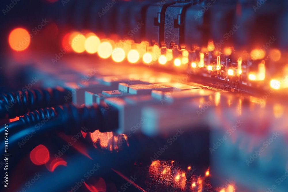 Network cables and switches illuminated in a data center at night Network cables and switches illuminated in a data center at night
