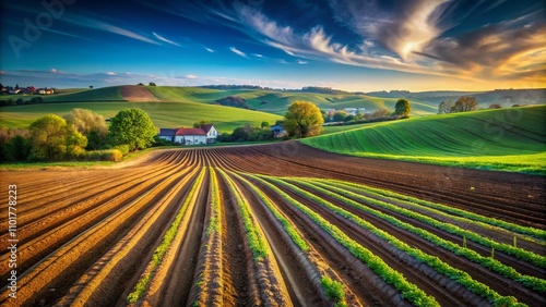 Long Exposure of Selective Blur on Agricultural Furrows in Plowed Fields of Titelski, Serbia, Showcasing Fertilization Techniques in the Countryside of Voivodina photo