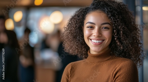 Outdoor portrait of beautiful happy mixed race biracial African American girl female young woman smiling with perfect teeth wearing a brown sweater