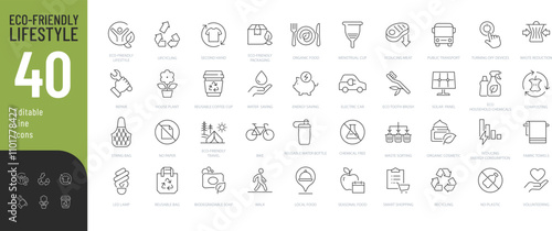 Eco Friendly Lifestyle Line Editable Icons set. Vector illustration in modern thin line style of ecology related icons: organic food, cosmetic, upcycling, and more. 