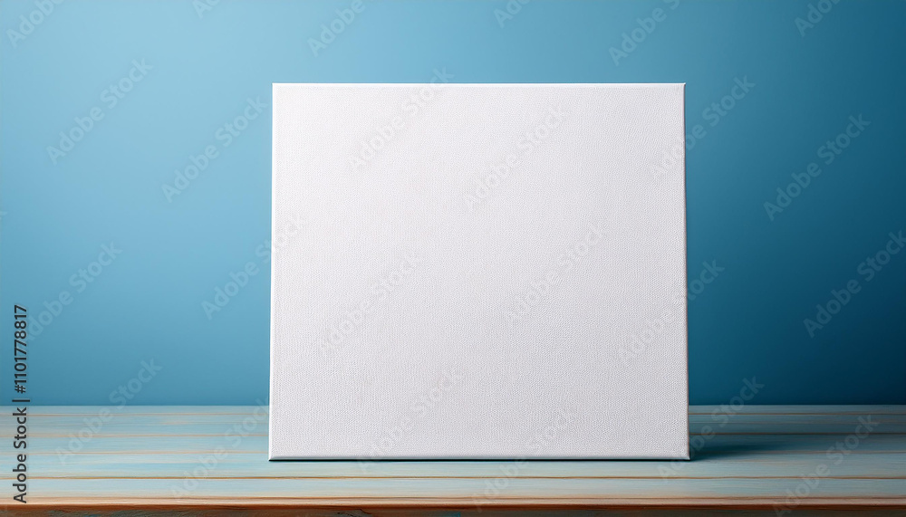 White square canvas mock-up standing against soft blue background. Blank poster. Natural lighting. White square canvas mock-up standing against soft blue background. Blank poster. Natural lighting.