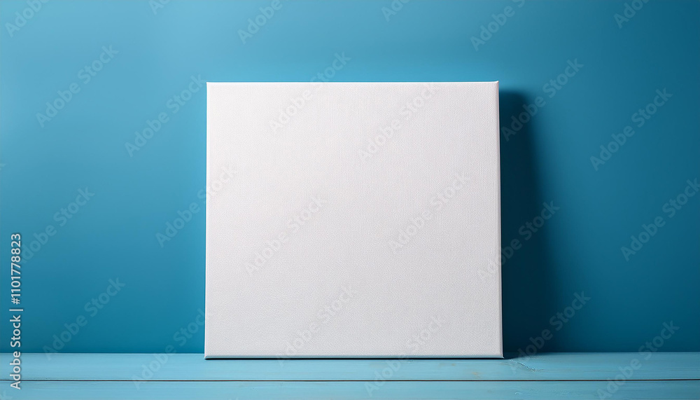 White square canvas mock-up standing against soft blue background. Blank poster. Natural lighting. White square canvas mock-up standing against soft blue background. Blank poster. Natural lighting.