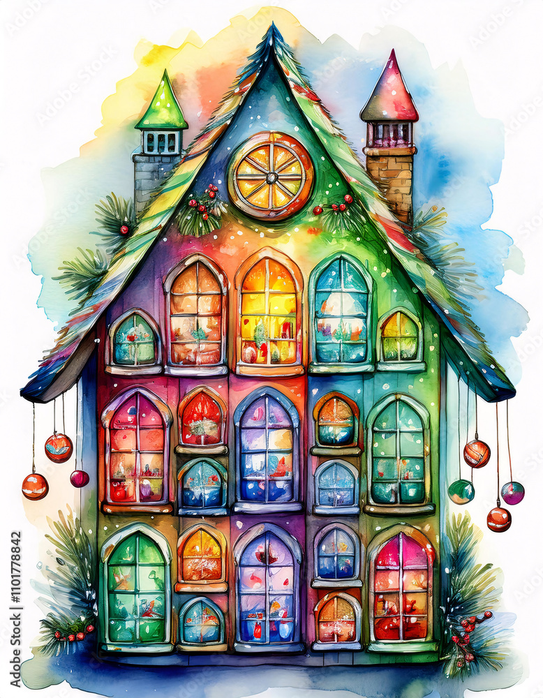 Naklejka premium A whimsical, colorful house with a snow-covered roof and twinkling lights