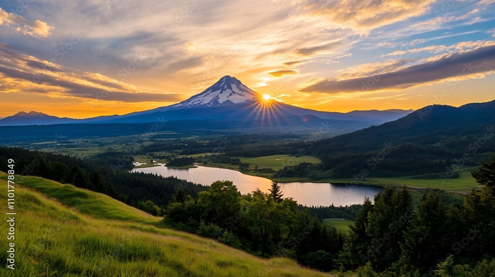 Fototapeta premium Majestic Mountain Landscape Under Dramatic Sunset Sky